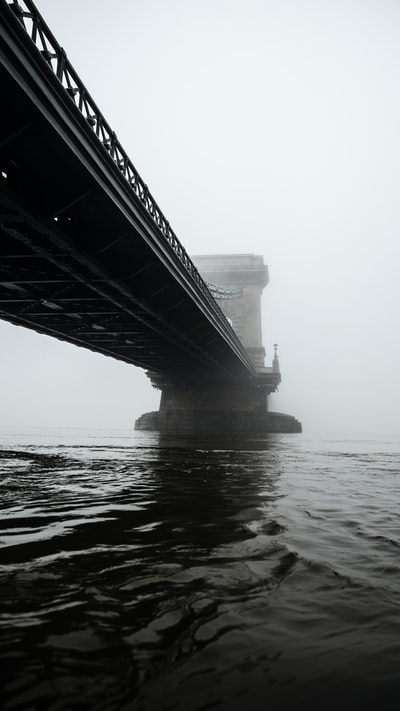 静水悬索桥的灰度摄影